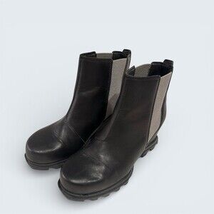 SOREL Joan of Arctic Wedge Leather Chelsea Bootie Womens Black Ankle